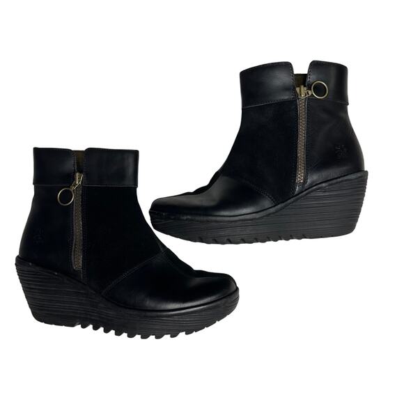 Sz 38/ 7.5 Fly London Yime Black Leather Suede Patchwork Wedge Ankle Booties - Picture 1 of 8